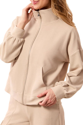 Tribal Long Sleeve Mock Neck Zip Cardigan with Pocket in Sanddune