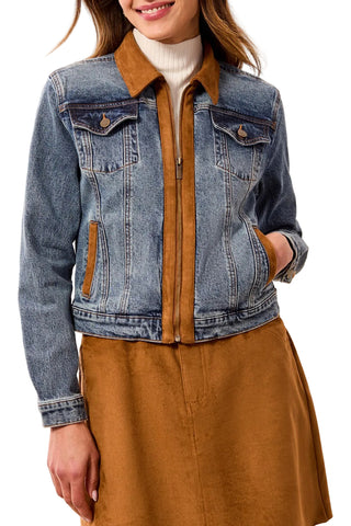 Tribal Moonlight Zip Front Denim Jacket with Suede Trim