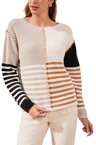 Tribal Multi Stripe Textured Boat Neck Sweater in Quartz 