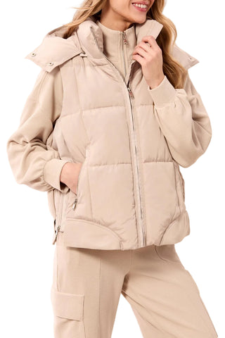 Tribal Quilted Puffer Vest with Removable Hood in Sanddune