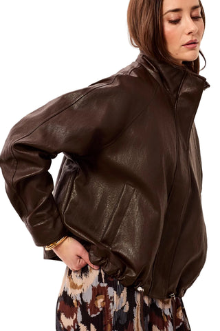 Tribal Saddle Brown Relaxed Mock Neck Jacket with Adjustable Hem
