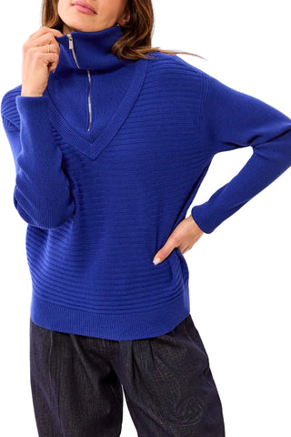 Tribal Soft Zip-Up V-Neck Sweater in Electric Blue