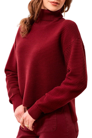 Tribal Turtleneck High Low Sweater with Side Slits in Cherry Lacquer