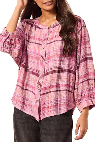 Tribal Wide Sleeve Plaid Blouse with Yoke Detail in Nostalgia