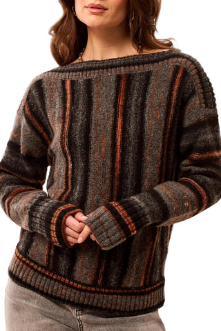 Tribal Yarn Dye Boat Neck Sweater in Multi Steel