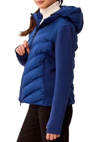 Tribal Zip Front Puffer with Removable Hood in Estate Blue