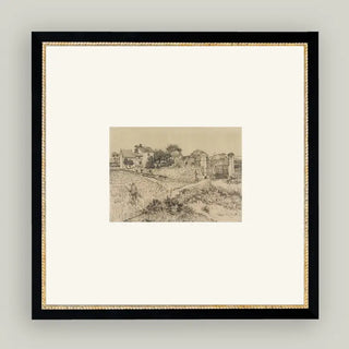 Tuscan Village Framed Antique Art 15"x15"  black and white drawing black frame gold inlay