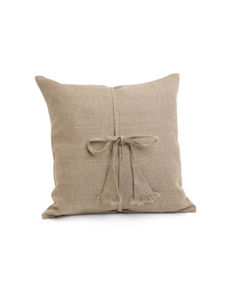 A natural color square-shaped linen pillow with a knot design at the center. Tuso Linen Knot Square Pillow