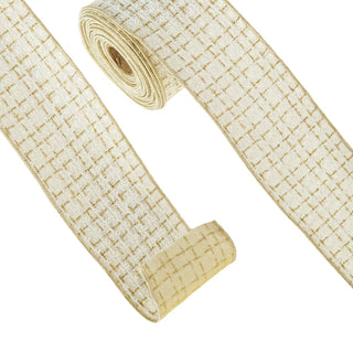 Tweed Wired Ribbon 4" SOLD BY THE FOOT gold cream