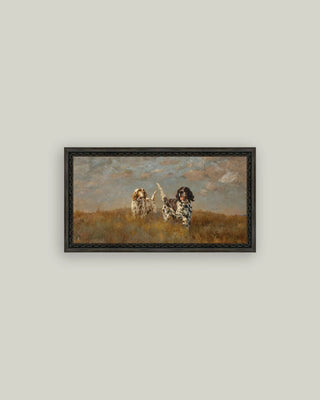 Two Hilltop Setters Framed Antique Art 25"x11" dog brown and white black and white field black frame
