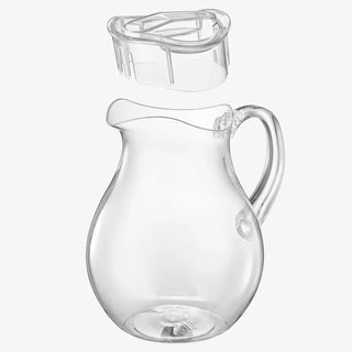 A clear acrylic beverage pitcher with a lid