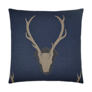 Uncle Buck Pillow in Navy 24"x24"
Decorative pillow with deer skull and antlers design on a blue background