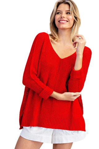 V-Neck Knit Sweater in Red