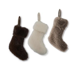 Vegan Fur Mini Stocking Assorted
Three faux fur Christmas stockings in dark brown, cream white, and taupe ivory