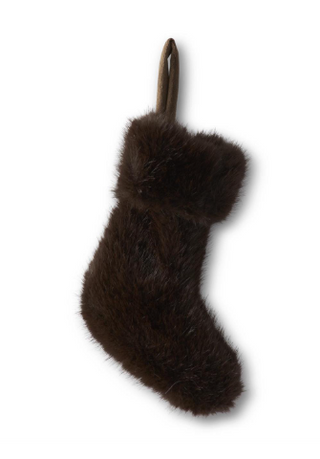 A dark brown faux fur Christmas stocking with a matching hanging loop