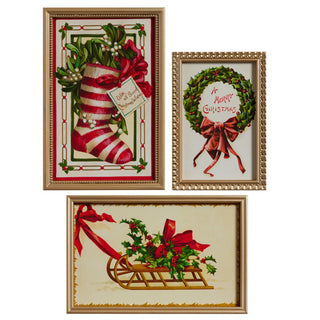 Vintage Christmas Wishes Framed Wall Art Assorted stocking wreath sleigh red green and white holly
