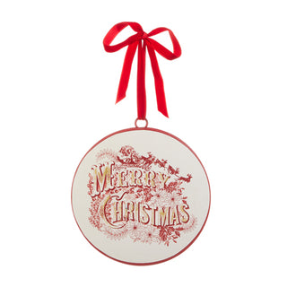 Vintage Merry Christmas Disc Ornament red lettering Santa sleigh reindeer