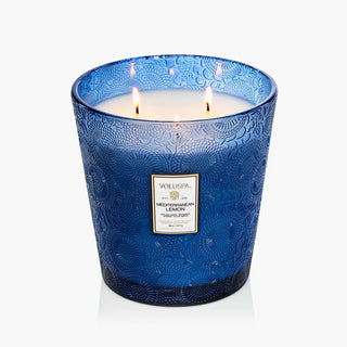 Voluspa Mediterranean Lemon 3-Wick Hearth Candle embossed with a label on a white background