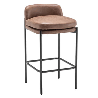 A modern square counter stool with a walnut brown seat and a matte black metal base.