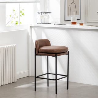 A modern square counter stool with a walnut brown seat and a matte black metal base.