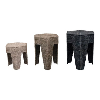 Three woven stools in different sizes on a white background. Water Hyacinth Nesting Accent Table, Sold Individually 3 Sizes
