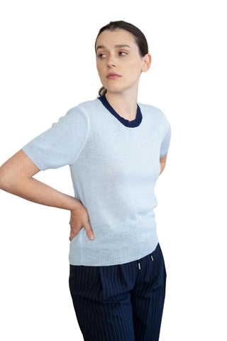 Sky Blue Contrast Trim Short Sleeve Knit Top