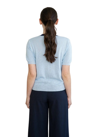 Sky Blue Contrast Trim Short Sleeve Knit Top