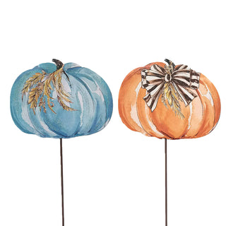 Whimsical Wheat Pumpkin Metal Stake Assorted
Two decorative pumpkins on thin metal stakes he left pumpkin is light blue with a gold detail, and the right pumpkin is orange with a black-and-white striped bow and a gold leaf detail.