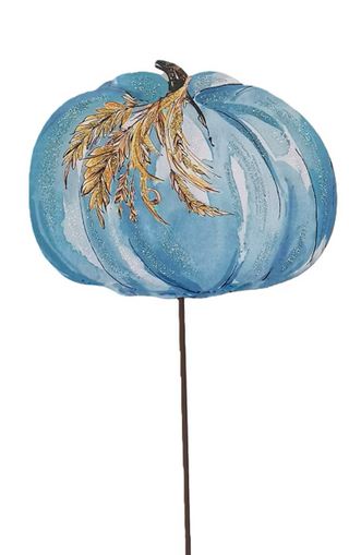 Whimsical Wheat Pumpkin Metal Stake Assorted
A decorative garden stake shaped like a watercolor-style blue pumpkin with a gold leaf design and stem
