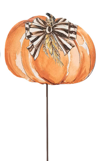 Whimsical Wheat Pumpkin Metal Stake Assorted
Watercolor-style pumpkin garden stake decoration featuring an orange pumpkin with a black and white striped bow and a small leaf accent, mounted on a thin dark stake easel