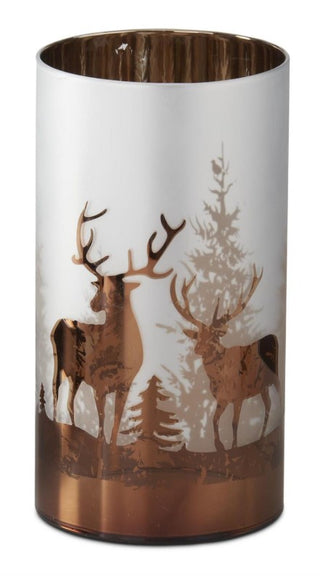 White & Brown Frosted Glass Deer Winter Scene Candle Slip Cover