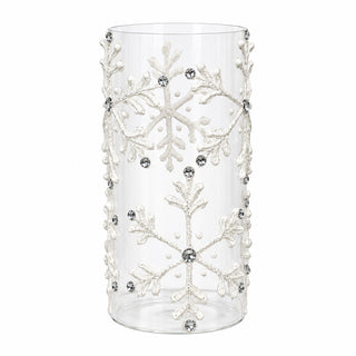 White Glittered Snowflake Glass Candle Slip Cover
A clear cylindrical glass vase decorated with white glittered snowflake pattern and small silver rhinestone accent winter Christmas