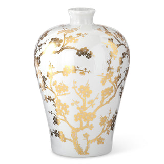 White vase with gold floral patterns on a white background. White & Gold Chinoiserie Vase