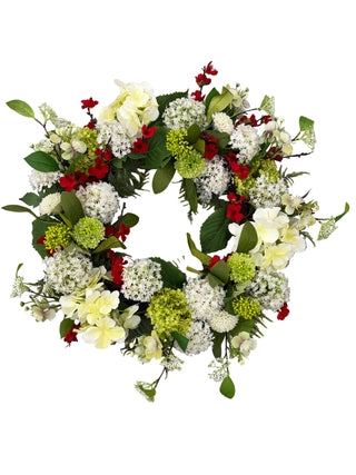 White Hydrangea Wreath with Red Cherry Blossom green summer