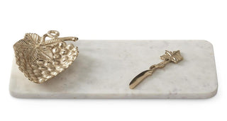 White Marble Cheese Tray with Attached Strawberry Dish and Leaf Spreader maple leaf