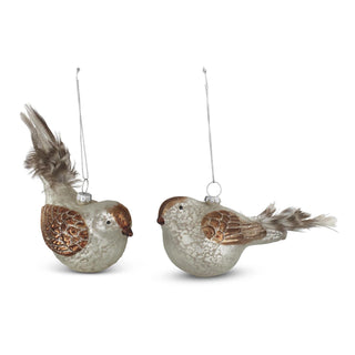 White Mercury Glass Bird Ornament with Feather Tail Assorted