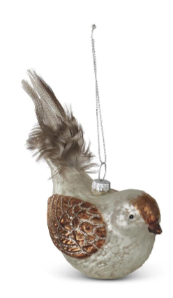White Mercury Glass Bird Ornament with Feather Tail Assorted