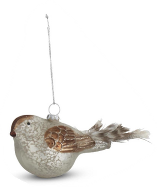 White Mercury Glass Bird Ornament with Feather Tail Assorted