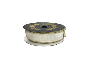 Spool of white ribbon with a gold edge