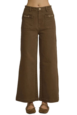 Wide Leg Pants with Hardware Accents on Patch Pockets in Brown
