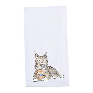 Towel with a wildcat holding a basketball design on a white background. Wildcat with Basketball Kentucky Tea Towel