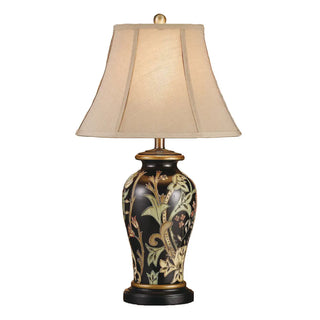 Windham Hand Painted Ceramic Lamp black and neutral hand painted gold beige shade