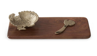 Wood Cheese Tray with Attached Turkey Dish and Spreader acacia wood gold