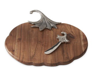 Wood Pumpkin Cheese Tray with Metal Stem and Spreader acacia wood