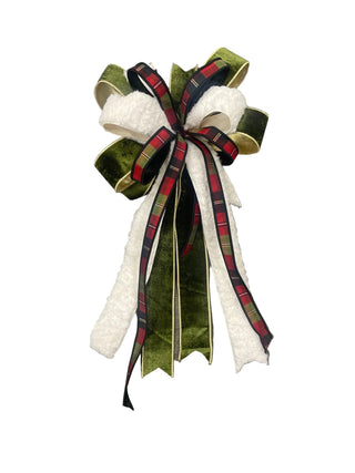 Woodland Plaid & Sherpa Bow olive green velvet gold back plaid sherpa wood lamb sheepskin
