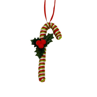 Yarn Candy Cane Ornaments Assorted 1 red white and green holly