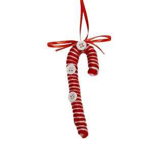 Yarn Candy Cane Ornaments Assorted 2 red and white with white buttons and red ribbon