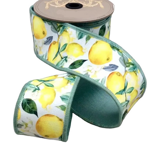 Yellow Lemons Poplin Ribbon with Celedon Back