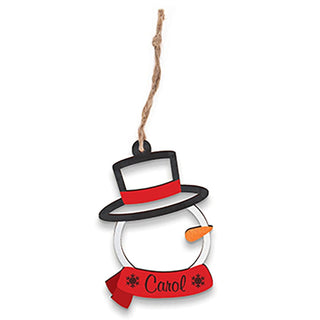 Decorative snowman ornament with a red scarf and black top hat on a white background. P. Graham Dunn Snowman Ornament