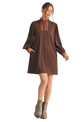 Zip Up Casual Dress with Stripe Contrast Detail in Brown
